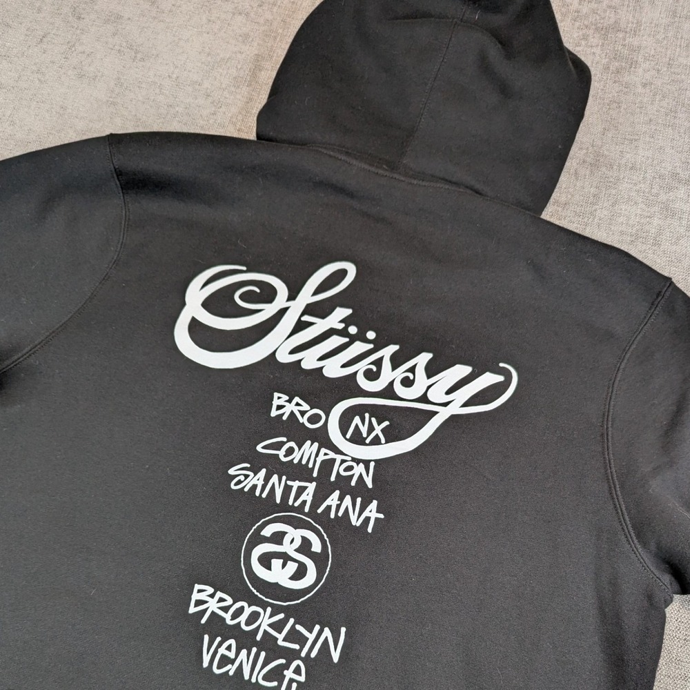 Stussy Hoodie Mens XL World Tour Cities Graphic Pullover Sweatshirt Streetwear